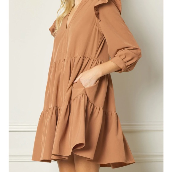 🆕 Ruffled Long Sleeve Tiered Dress in Camel - Picture 3 of 8